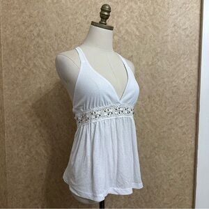 VTG Y2K 90s White Sheer Halter Crochet Beaded Cover Up Babydoll Tank Top